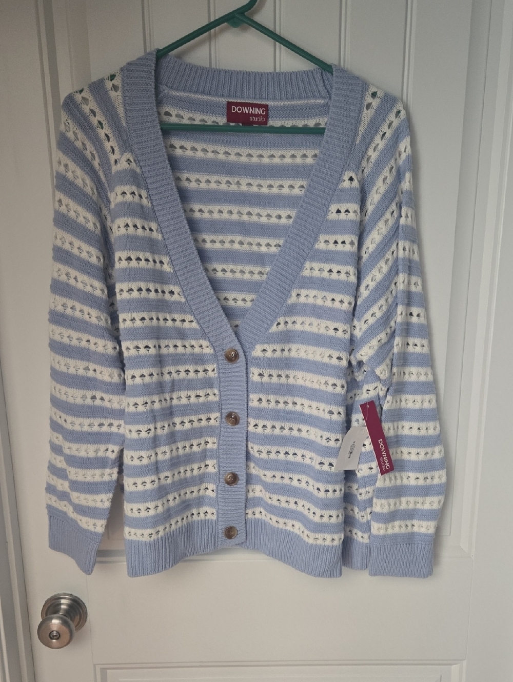 Light Blue & White Striped Knit Button Cardigan